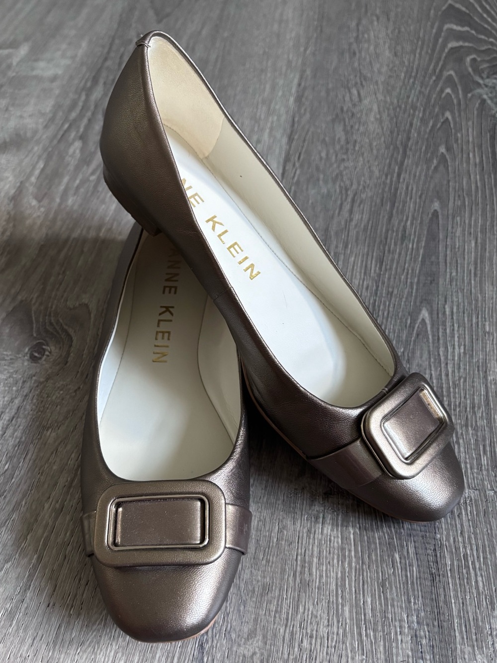 Anne Klein Bronze Metallic Square-Buckle Flats